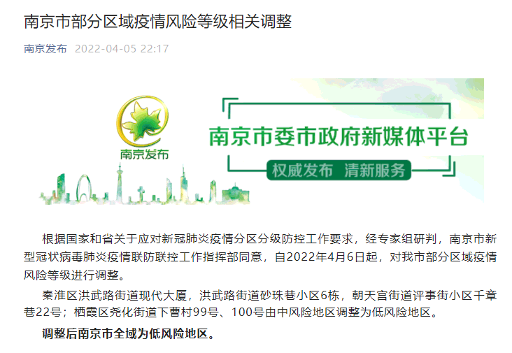 南京6地调整为中风险地区(南京六地调整为中风险) 南京6地调整为中风险地区(南京六地调整为中风险)