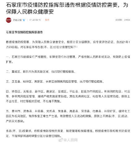 石家庄今日起分区分级管控/今日起,石家庄实行分区分级管控 石家庄今日起分区分级管控/今日起,石家庄实行分区分级管控