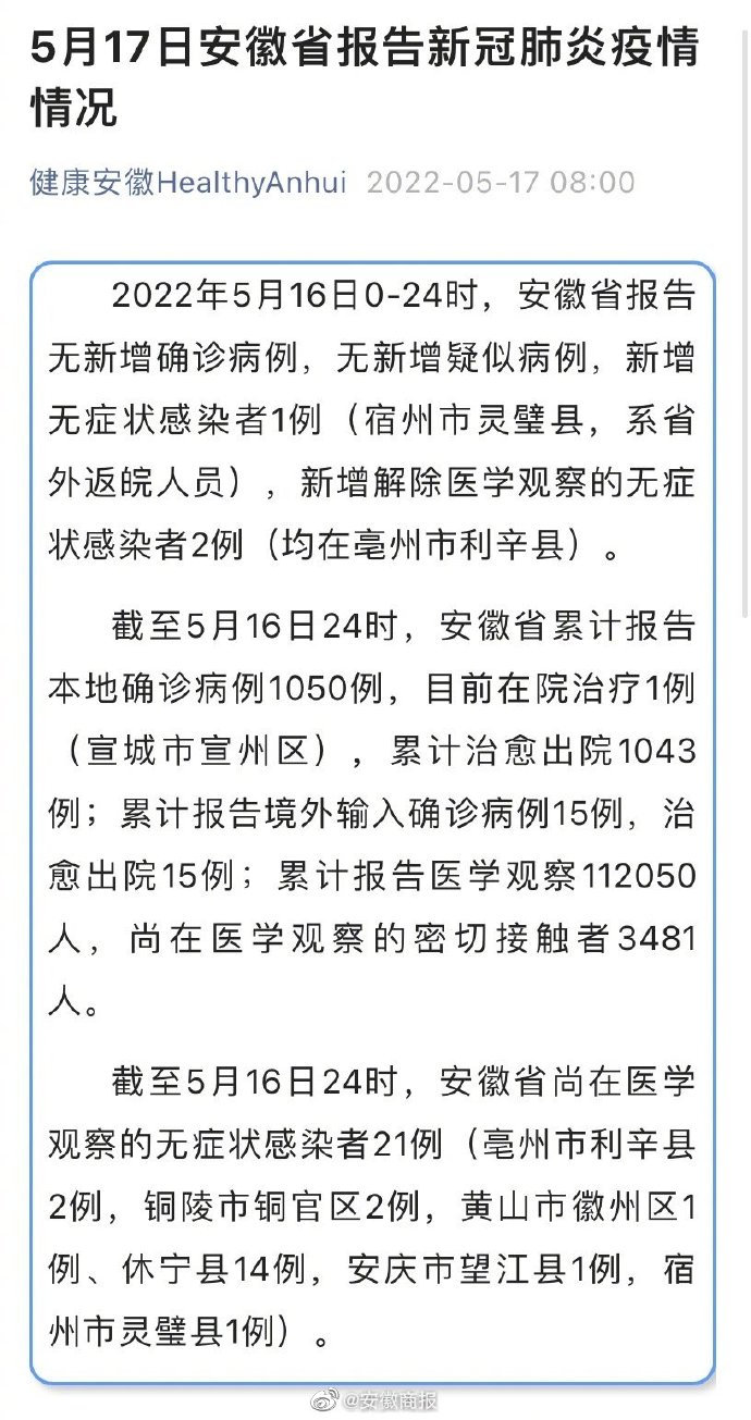 安徽新增无症状感染者5例(安徽报告新增无症状感染者1例) 安徽新增无症状感染者5例(安徽报告新增无症状感染者1例)